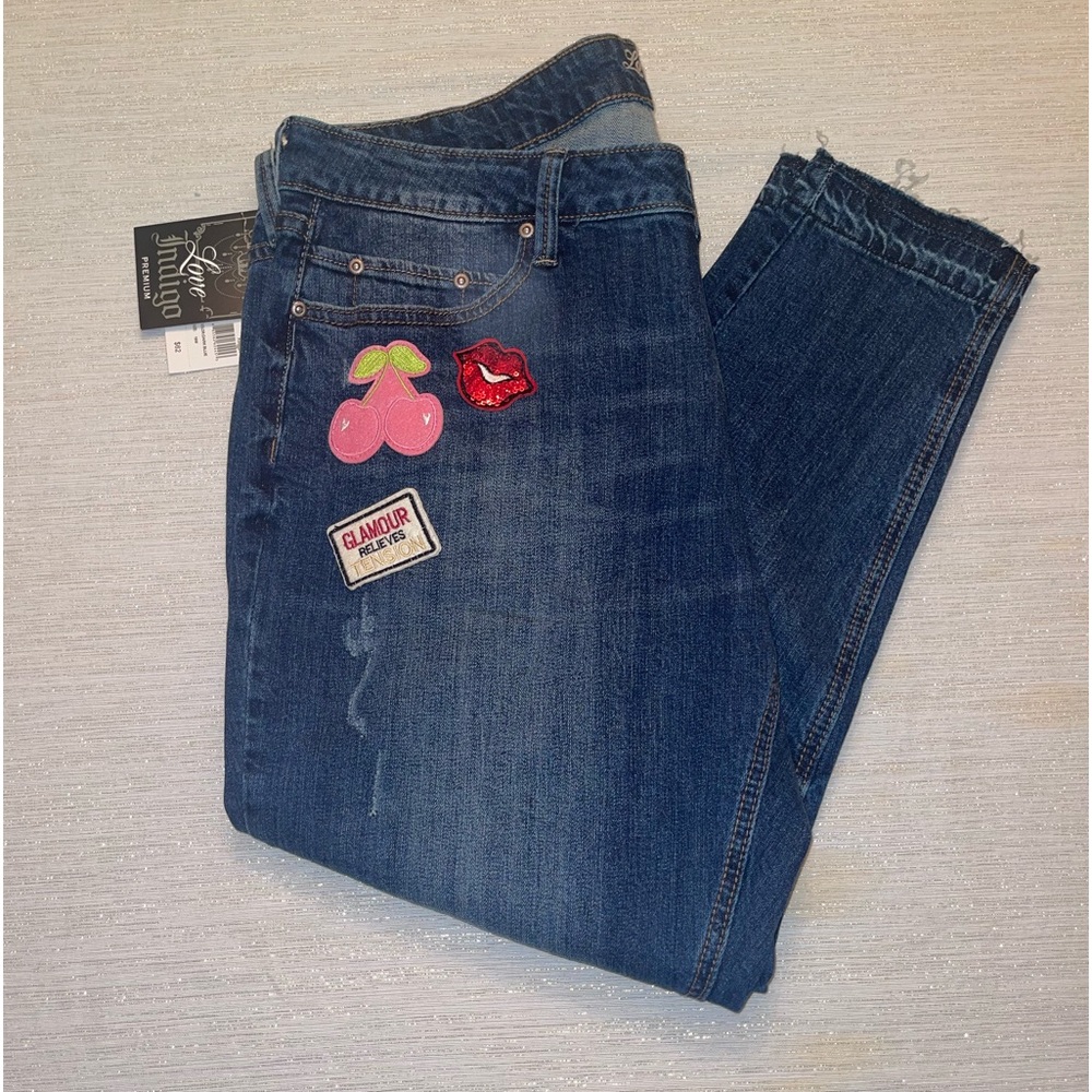 NWT Love Indigo distressed skinny jeans dark blue patches and sequins sz 16